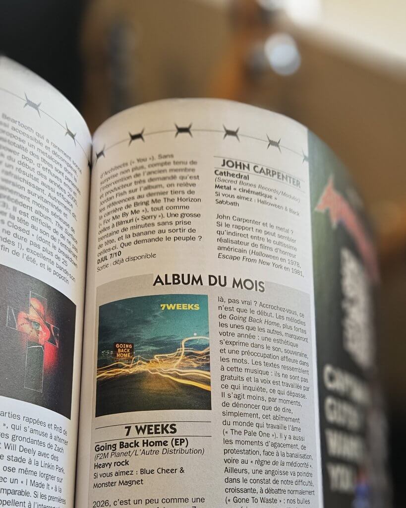 Chronique de l'album Going Back Home de 7 Weeks élu Album du mois dans le magazine Rock Hard France
