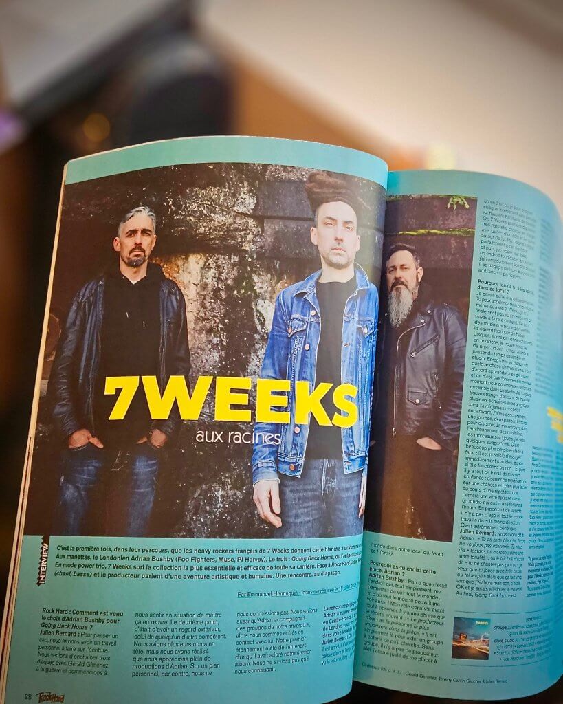 Double page d'interview du groupe 7 Weeks avec le producteur Adrian Bushby dans le magazine Rock Hard France