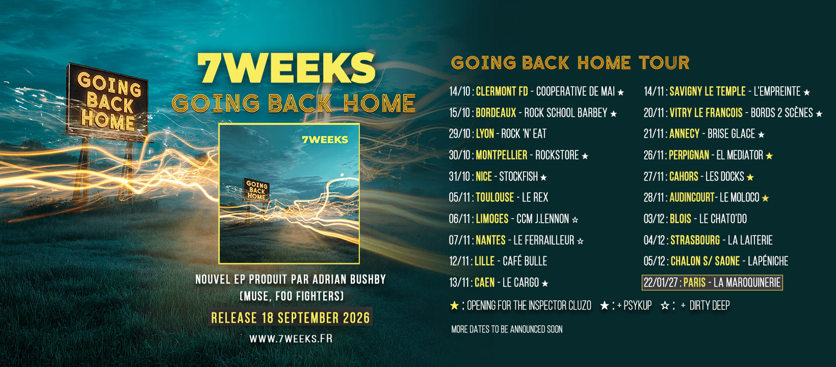 Affiche de tournée du groupe 7Weeks pour l'EP Going Back Home avec les dates de concerts en France.